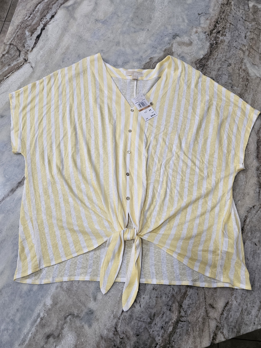Michael Kors Women’s 3X Yellow White Striped Faux Button Tee Tie Front NWT